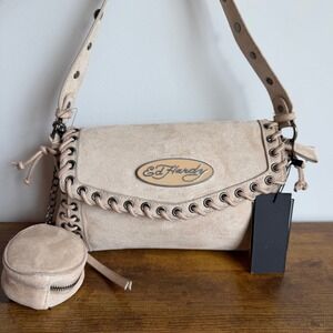 New Ed Hardy Beige Brown Shoulder Handbag Y2K Laced Up Pouch Cream Studded